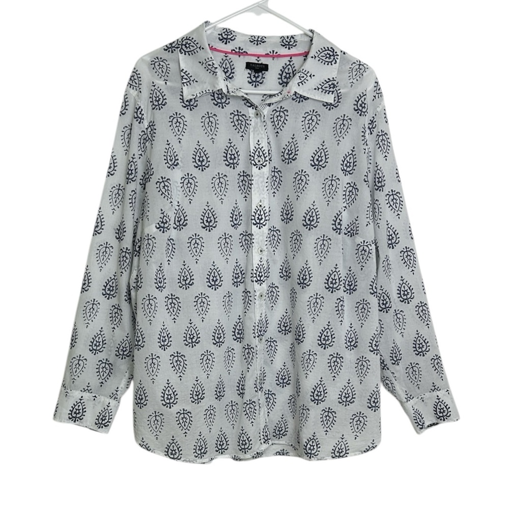 Talbots White & Navy Blue Ikat Print 100% Cotton Long Sleeve Blouse Size 2X